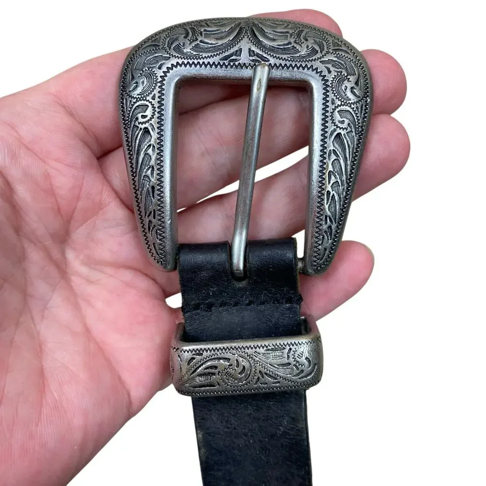 Ecote Western Black Leather Belt 28 inches S/M Large Buckle Southwestern